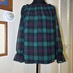 Talbots Green Plaid Off-Shoulder Blouse